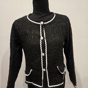 Black Classic Knit Cardigan with White Trim